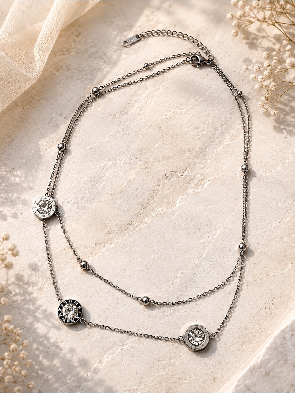 Stainless Steel Layered Crystal Necklace - Silver